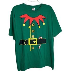 Fruit of the Loom Mens Large Elf Christmas Costume Graphic Tee T Shirt Green